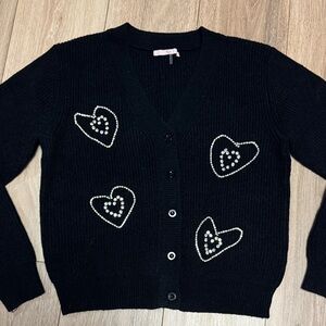 Rivir S (M good) NWOT Black RIBBED RHINESTONE HEARTS CARDIGAN stretch Sweater
